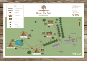 This map highlights the glamping accommodation at Under the oak, including the safari tents